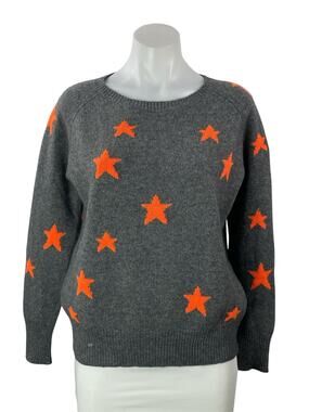 360 Cashmere Women's Gray Orange Star Knit Long Sleeve Round Sweater Top Size S